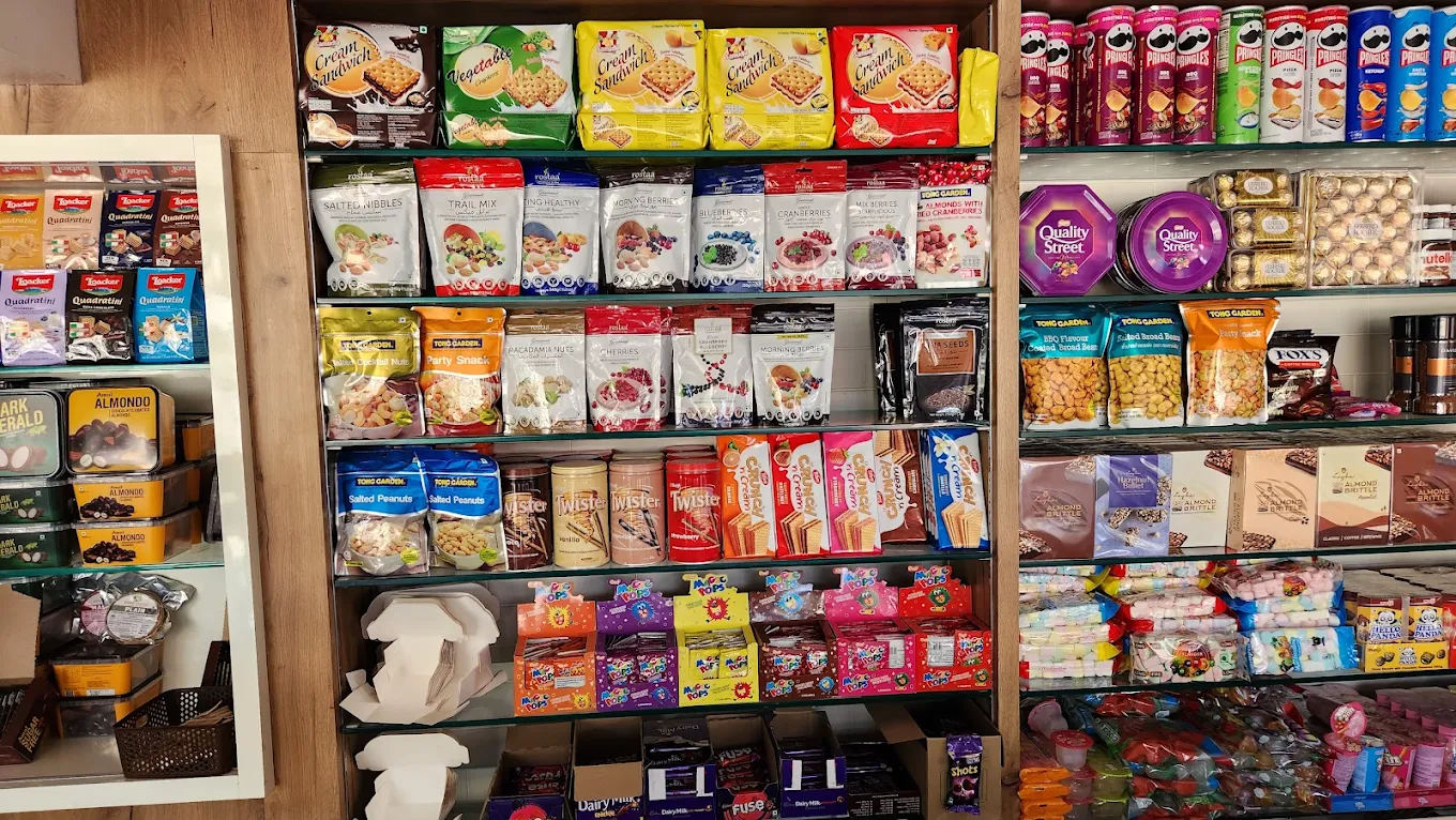 Imported snacks and chocolates shelf at RT Bakers